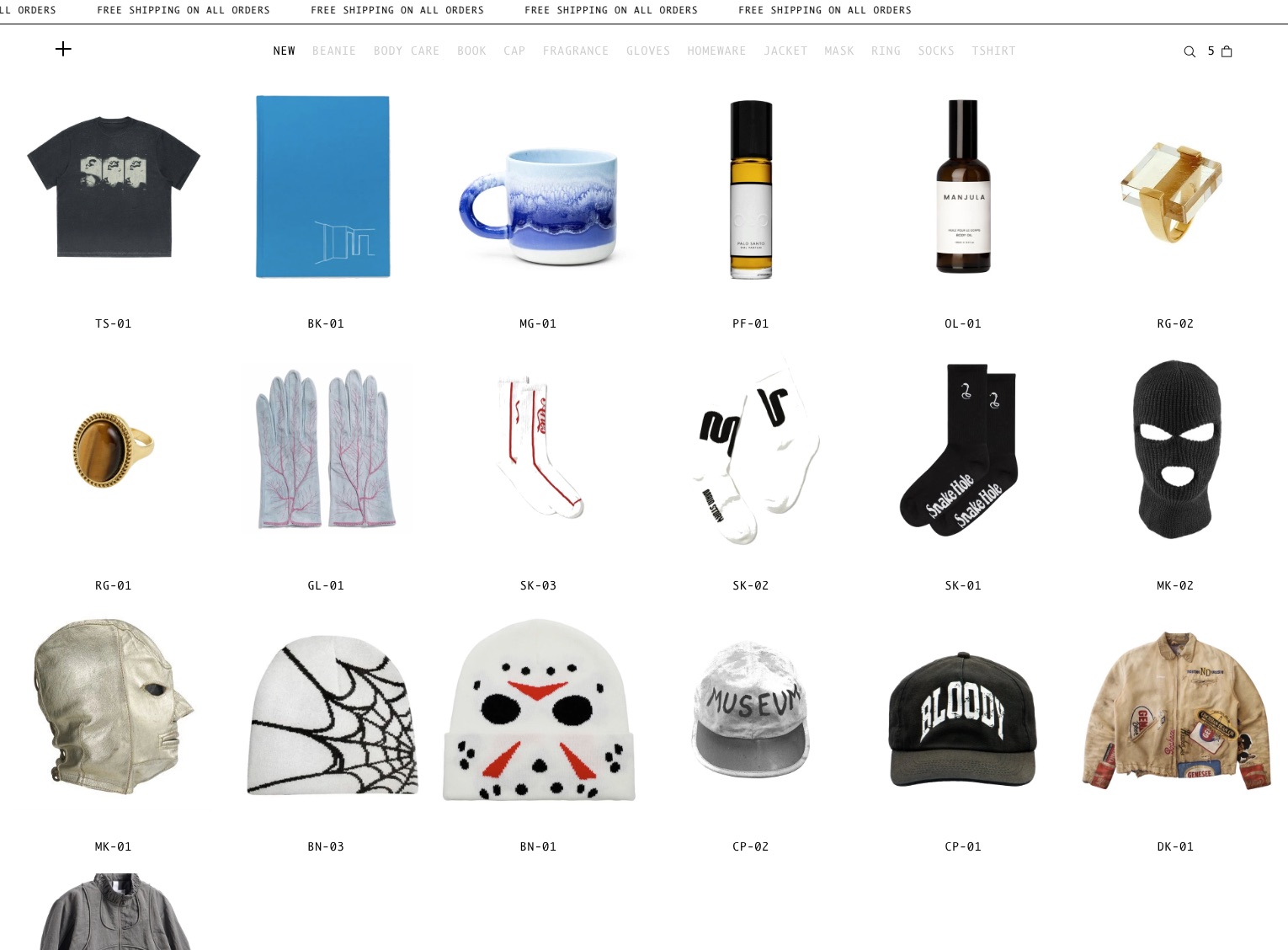 Slyeezy demo store on desktop — six-column product grid with mono product codes