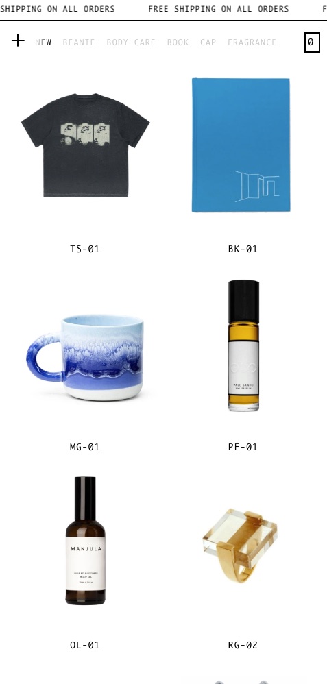 Slyeezy Shopify theme on mobile — two-column product index with monospaced product codes